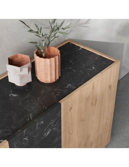 Aparador DIONE 140 x 42, 3 Puertas en Melamina Roble y simil Mármol Negro
