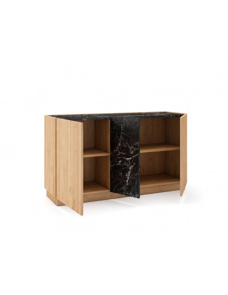 Aparador DIONE 140 x 42, 3 Puertas en Melamina Roble y simil Mármol Negro