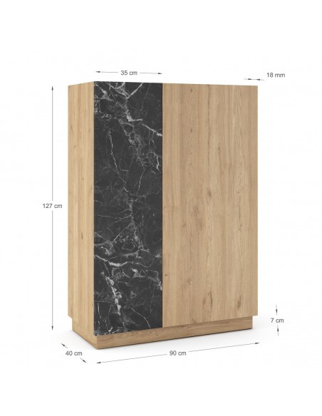 Aparador alto DIONE 127 x 90, 2 Puertas en Melamina Roble y símil Mármol Negro