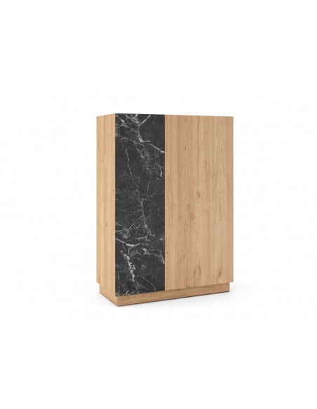 Aparador alto DIONE 127 x 90, 2 Puertas en Melamina Roble y símil Mármol Negro