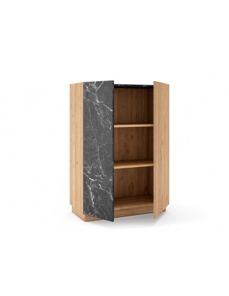 Aparador alto DIONE 127 x 90, 2 Puertas en Melamina Roble y símil Mármol Negro
