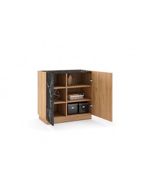 Aparador DIONE 80 x 78, 2 Puertas en Melamina Roble y símil Mármol Negro