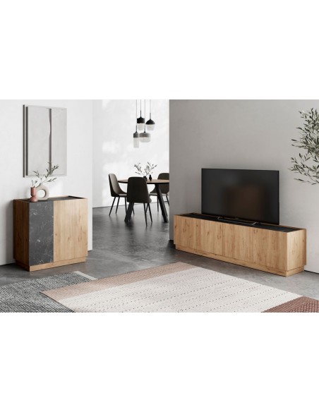 Mueble de TV DIONE 160 x 42, 4 Puertas en Melamina Roble y símil Mármol Negro