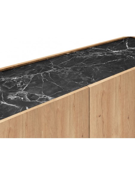 Mueble de TV DIONE 160 x 42, 4 Puertas en Melamina Roble y símil Mármol Negro