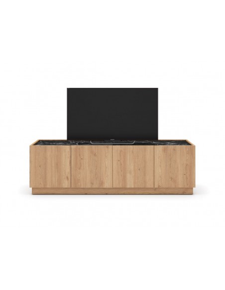 Mueble de TV DIONE 160 x 42, 4 Puertas en Melamina Roble y símil Mármol Negro