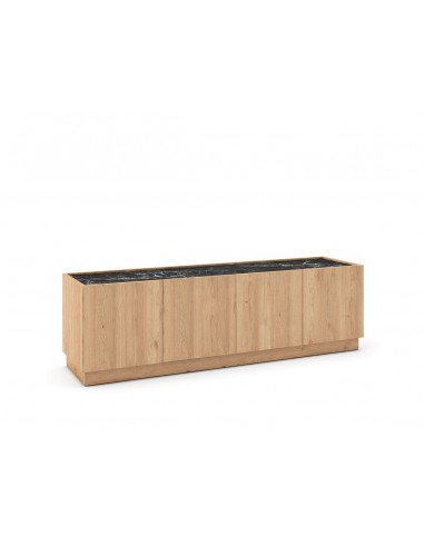Mueble de TV DIONE 160 x 42, 4 Puertas en Melamina Roble y símil Mármol Negro