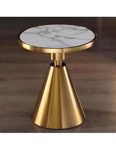 Mesa lateral de design JASS 50, ouro, tampo de cerâmica de mármore branco