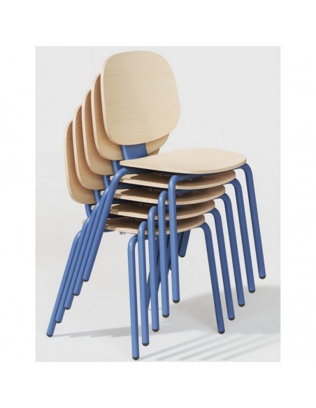 Cadeira Empilhável Retro Schooly, Metal Azul e Madeira Natural