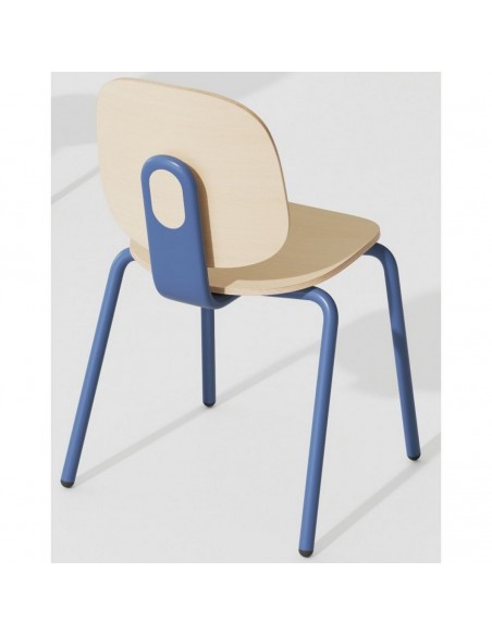 Cadeira Empilhável Retro Schooly, Metal Azul e Madeira Natural