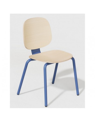 Cadeira Empilhável Retro Schooly, Metal Azul e Madeira Natural