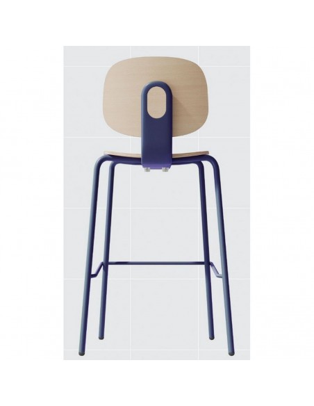 Taburete apilable Retro Schooly 74 metal azul y madera en natural