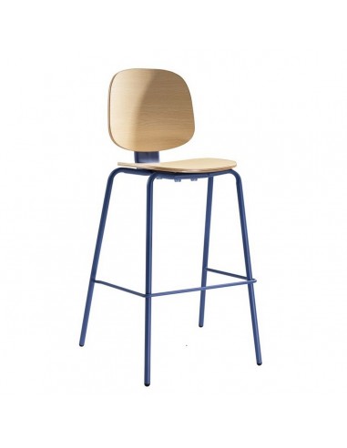 Taburete apilable Retro Schooly 74 metal azul y madera en natural