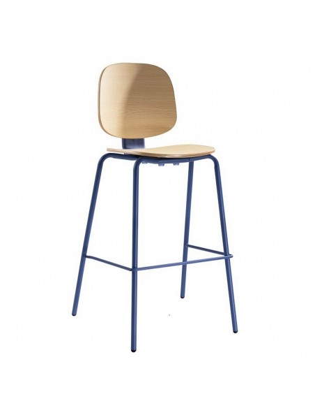 Taburete apilable Retro Schooly 74 metal azul y madera en natural