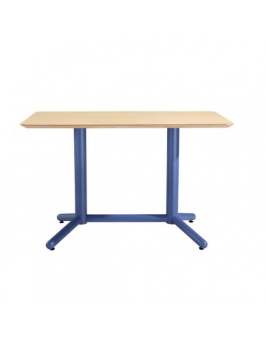 Mesa escritorio estilo retro Schooly 120 x 70, metal azul y tapa color natural