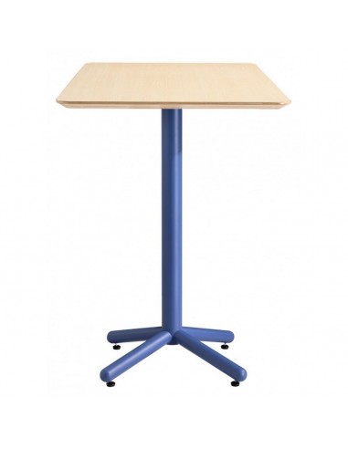 Mesa alta quadrada estilo retro School 70 x 70, metal azul e tampo de cor natural