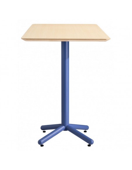 Mesa alta cuadrada estilo retro Schooly 70 x 70, metal azul y tapa color natural
