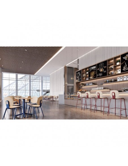 Mesa alta quadrada estilo retro School 70 x 70, metal azul e tampo de cor natural