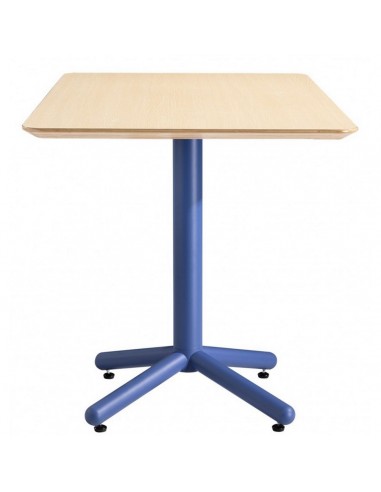 Mesa cuadrada estilo retro Schooly 70 x 70, metal azul y tapa color natural