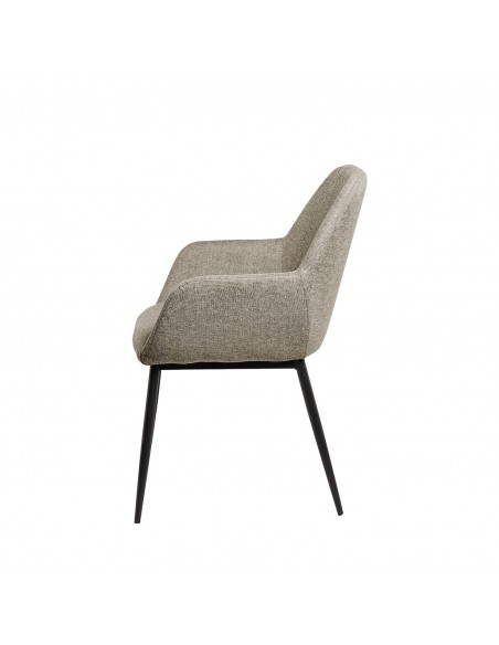 Cadeira de sala ISABELLA, tecido taupe e pés de metal preto.