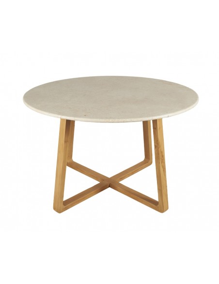 Mesa redonda de mármore Fanny 120 com base de madeira maciça natural