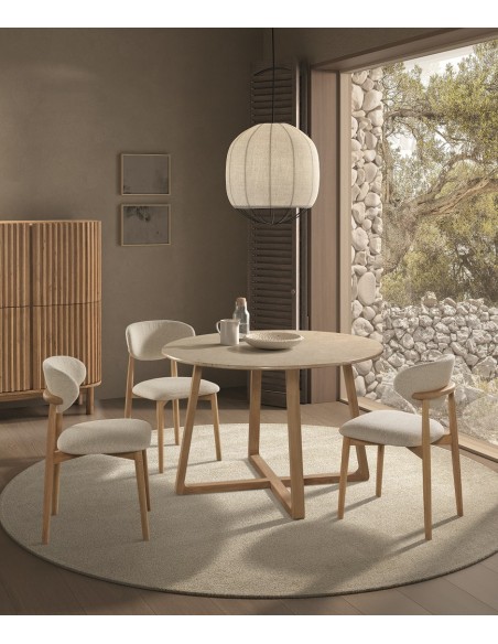 Mesa redonda de mármore Fanny 120 com base de madeira maciça natural