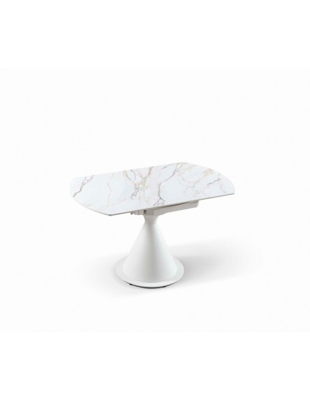 Mesa extensible giratorio KORA 80 (130) x 75 (130), porcelánico y metal blanco