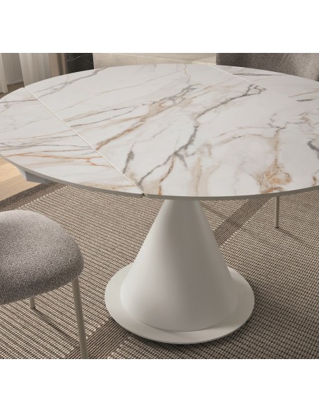 Mesa extensível giratória KORA 80 (130) x 75 (130), porcelânico e metal branco