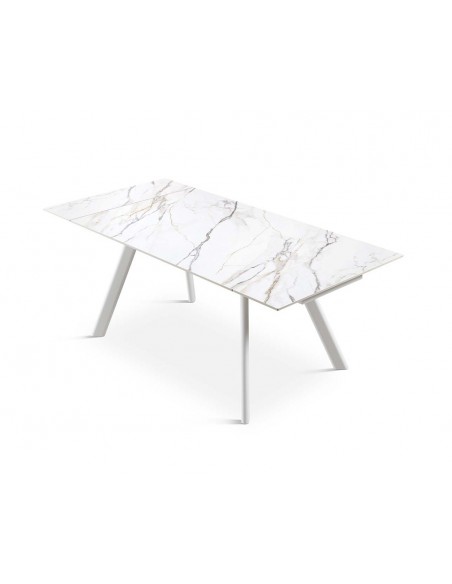 Mesa minimalista extensible ARMINIA 140(200) x 90 porcelánico y metal blanco