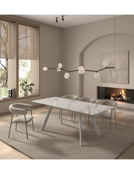 Mesa extensível minimalista ARMINIA 140(200) x 90 porcelânico e metal branco