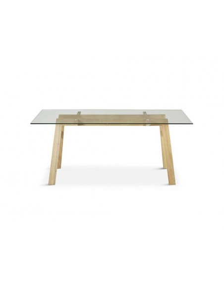 Mesa de vidro MAKALU 160 x 90, base em madeira natural.