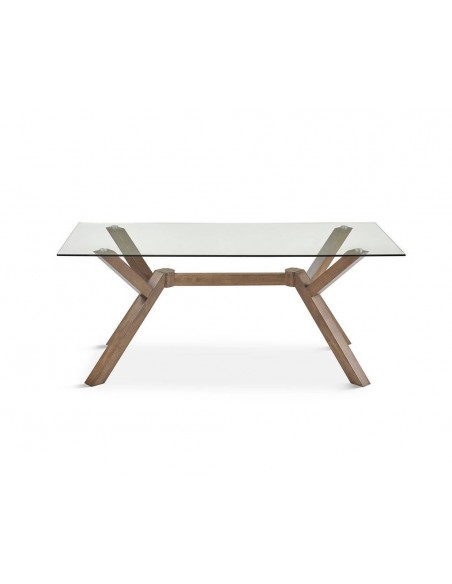 Mesa de cristal JANE 160 x 90 base de madera color nogal.
