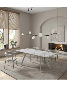 Silla de comedor moderna BANULA en tela gris y metal crema 2