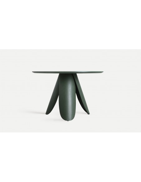 Mesa redonda para comedor de diseño DORSTEN 120, madera en verde mate