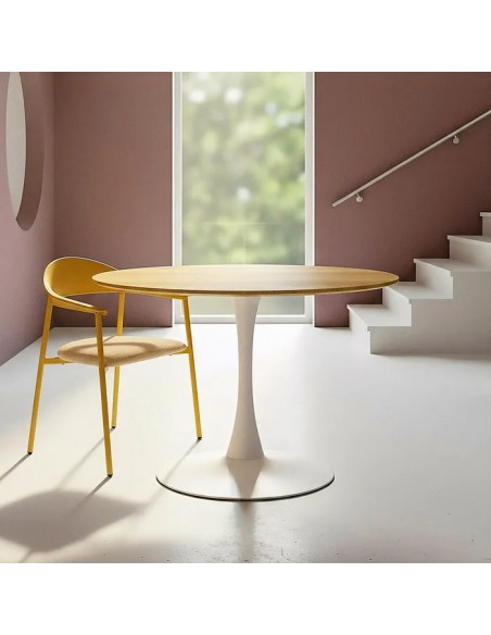 Mesa redonda Oda 100 cm. DM natural y Metal lacado branco.