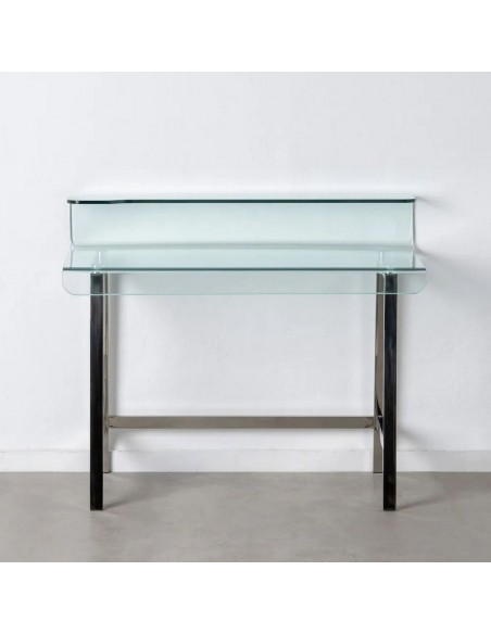 Escritorio alto DELFO 110, en cristal transparente y acero inox mate