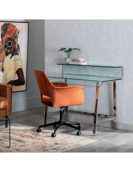 Escritorio alto DELFO 110, en cristal transparente y acero inox mate