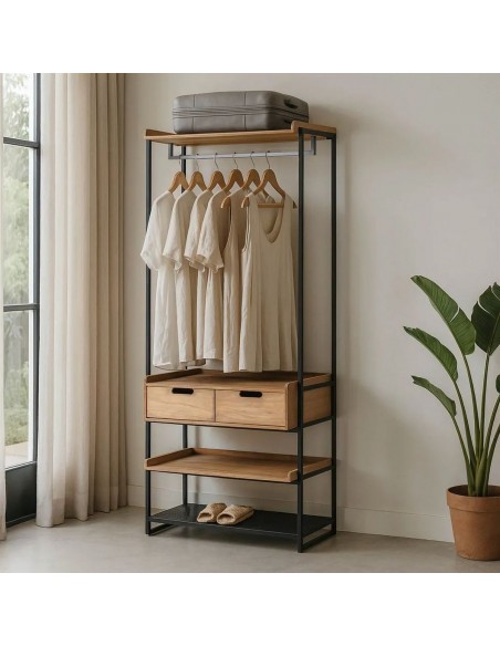 Mueble vestidor Atenas 80x48x192, MDF roble y metal negro