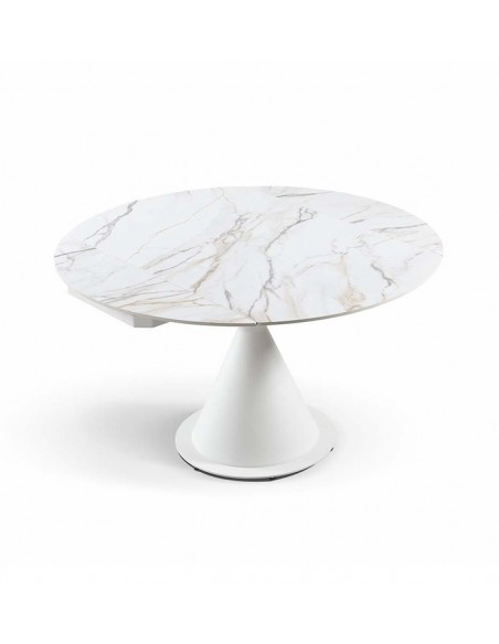 Mesa extensible giratorio KORA 80 (130) x 75 (130), porcelánico y metal blanco