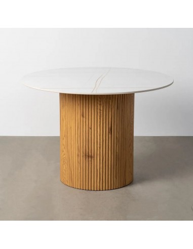 Mesa comedor redonda 120 GISELL, porcelánico blanco y base MDF roble