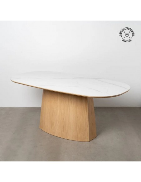 Mesa de jantar 180x90 NATURSTONE, porcelânico mármore branco e base em MDF carvalho