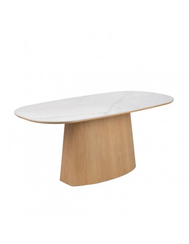 Mesa de comedor 180x90 NATURSTONE, porcelánico símil mármol blanco y base de MDF roble