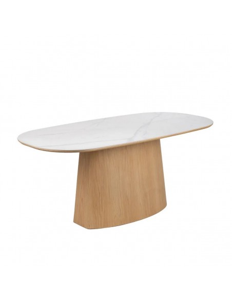 Mesa de jantar 180x90 NATURSTONE, porcelânico mármore branco e base em MDF carvalho