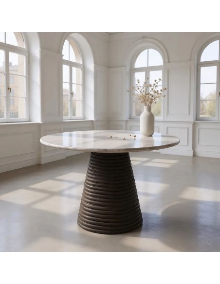 Mesa redonda de comedor 115 MARBELLA en mármol y madera de mango