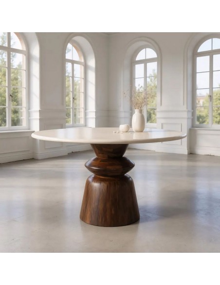 Mesa redonda con formas geométricas 120 SENA mármol y madera de mango