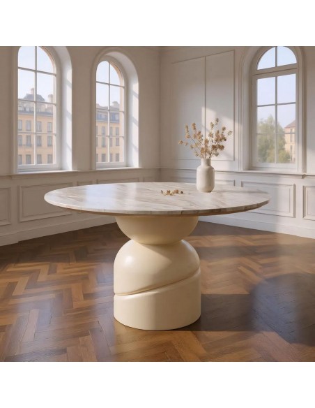 Mesa redonda de base geométrica 120 RONA en mármol y madera blanca