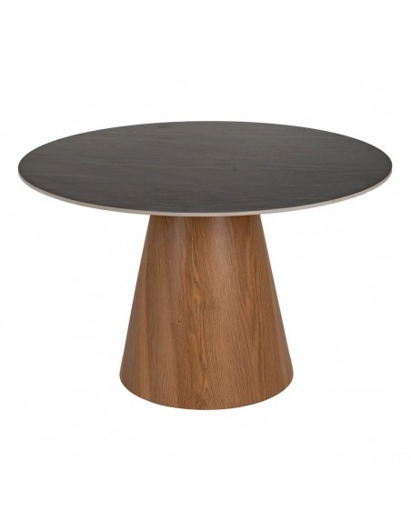 Mesa redonda DALIA 120 com base cónica, cerâmica preta tipo mármore, base metálica