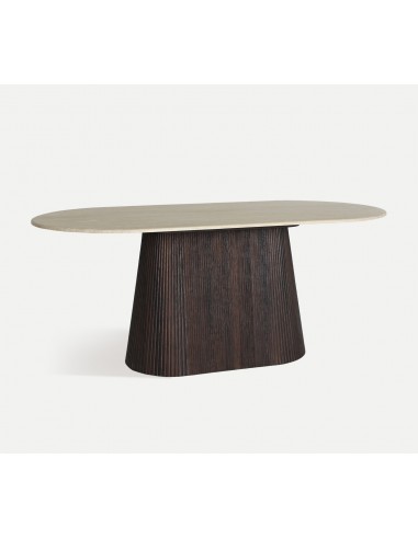 Mesa de salón oval Verona 180 x 90, símil mármol beige y base de madera oscura