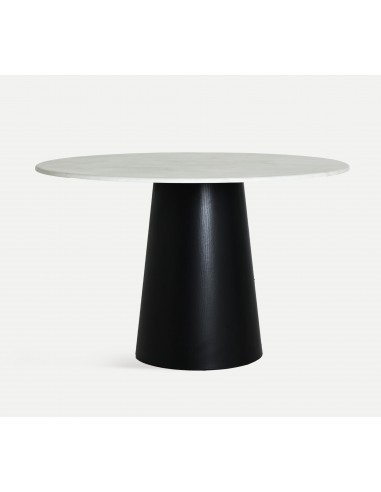 Mesa redonda de salón NOTH 120, símil mármol blanco y base cónica de madera negra