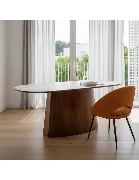 Mesa de jantar SIANA 180x90 com tampo em porcelânico efeito mármore branco e base cor nogueira