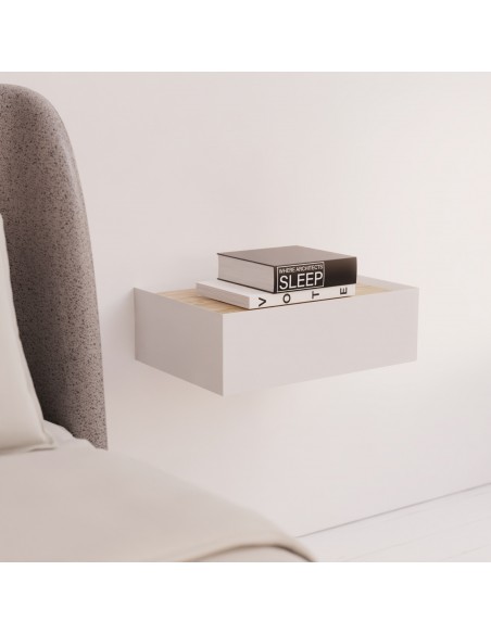 Mesa de cabeceira SUSPENSA minimalista TEULAT ARISTA 50 x 16, 1 gaveta, branco e carvalho